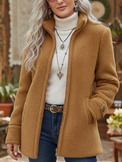 Casaco feminino casual de lã com fecho de correr