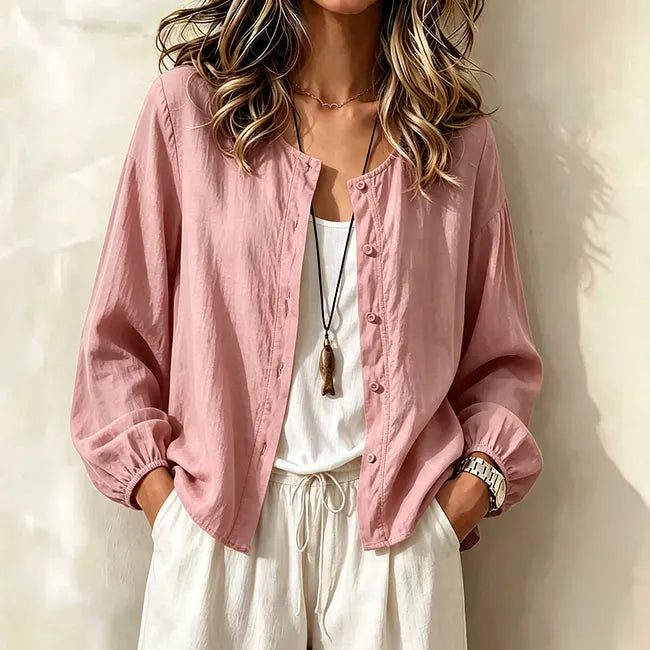 Camisa de senhora de algodão de cor única com botões
