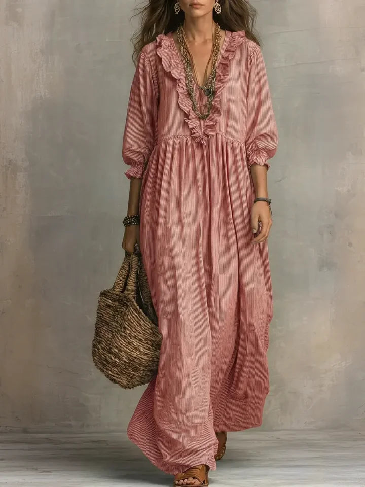 Vestido comprido feminino casual e elegante com estampado às riscas e folhos para férias
