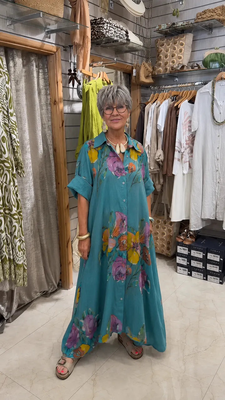 Vestido Chemise Maxi Floral em Aquarela