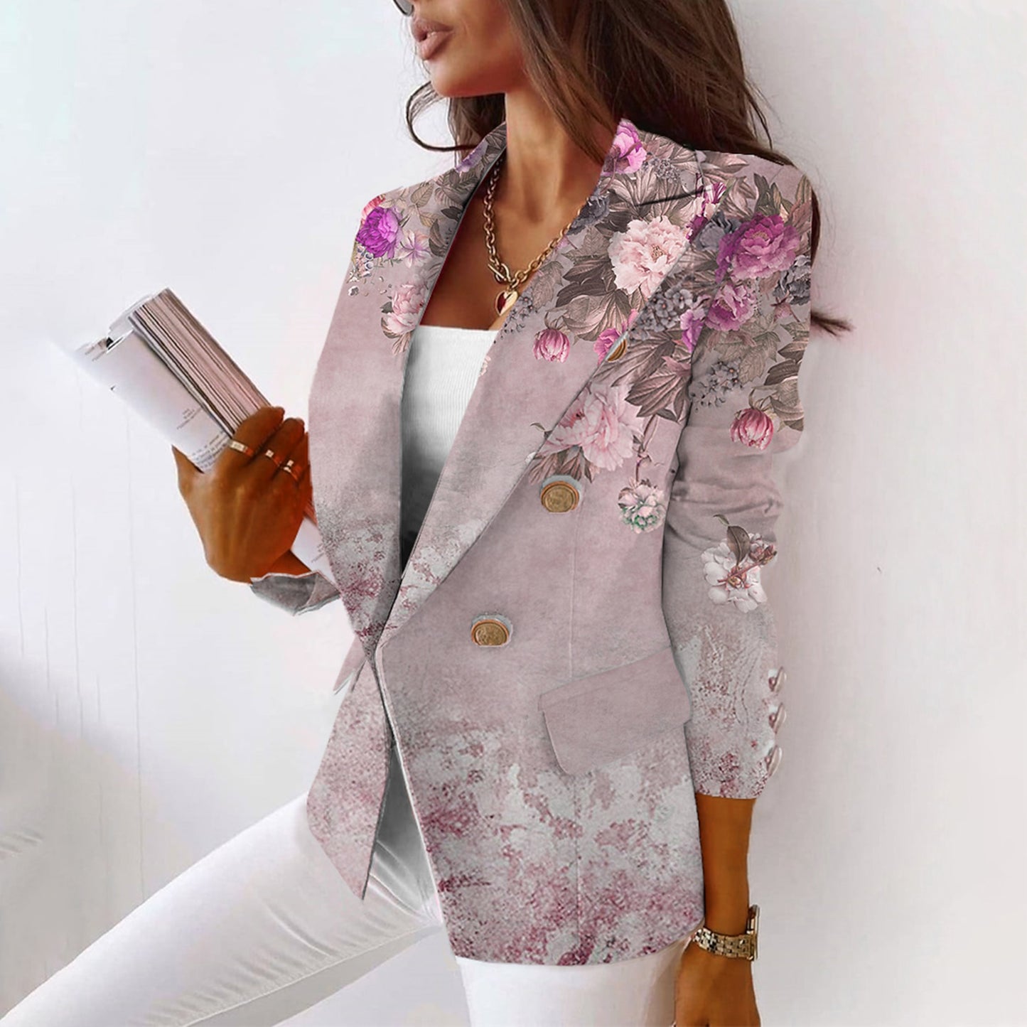 Blazer vintage de manga comprida com estampado floral
