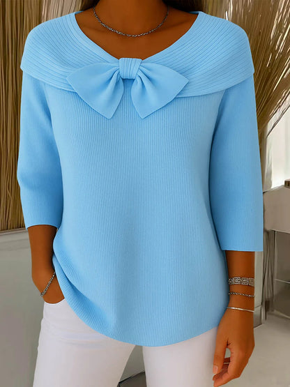 Camisola de malha de cor sólida para mulher com gola redonda, mangas 3/4 e gravata borboleta, adequada para uso diário