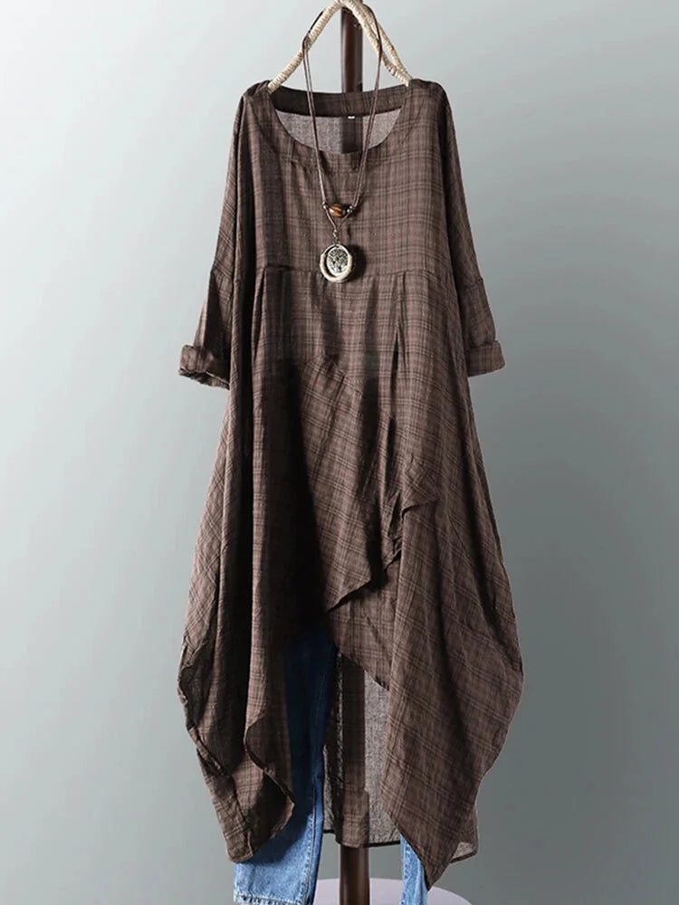 Vestido midi casual confortável com bainha irregular retro