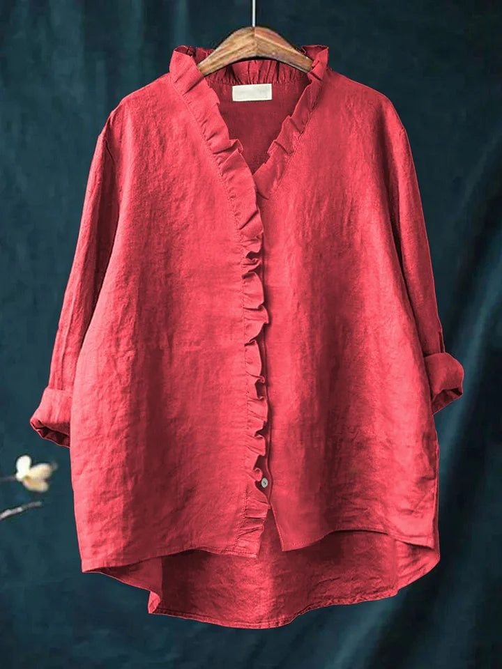 Camisa casual de mulher em algodão e linho com folhos