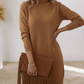 Vestido elegante e macio de malha em cor sólida com gola alta