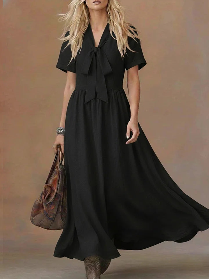 Vestido confortável em linho e algodão com atilhos na cintura