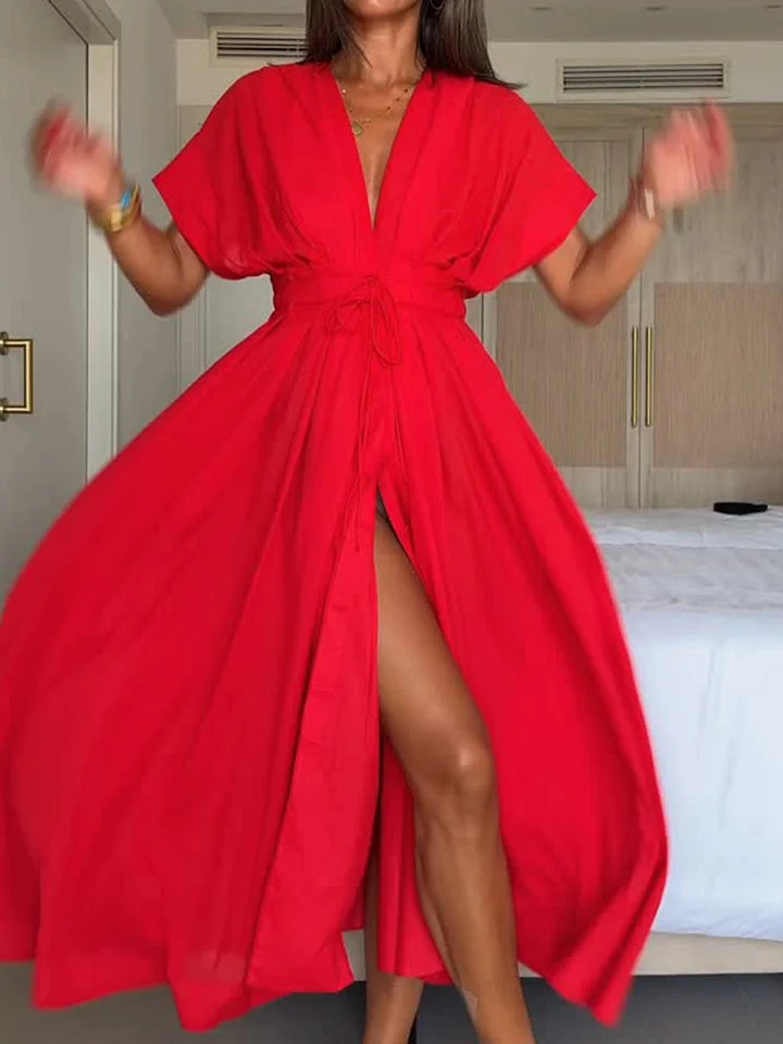 Vestido midi para mulher com decote em V e detalhe de atilhos