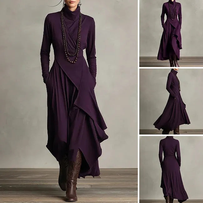 Elegante Vestido Longo para Mulher com Gola Alta, Assimétrico e Drapeado
