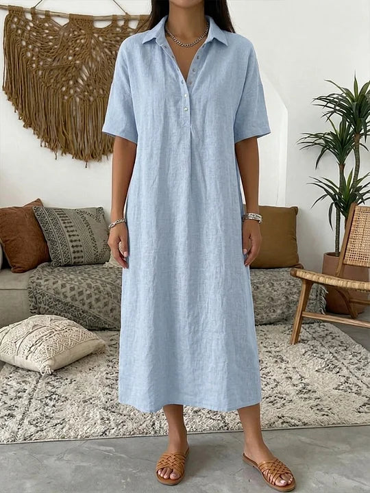 Vestido polo para mulher em algodão e linho – Manga curta casual para o verão