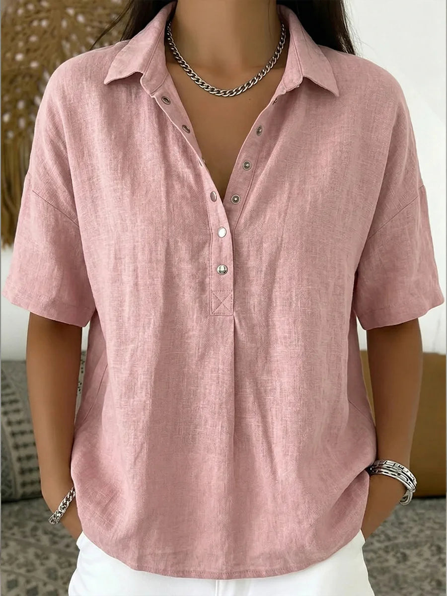 Camisa casual de manga curta em mistura de linho e algodão.
