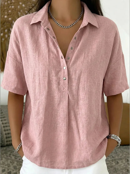 Camisa casual de manga curta em mistura de linho e algodão.