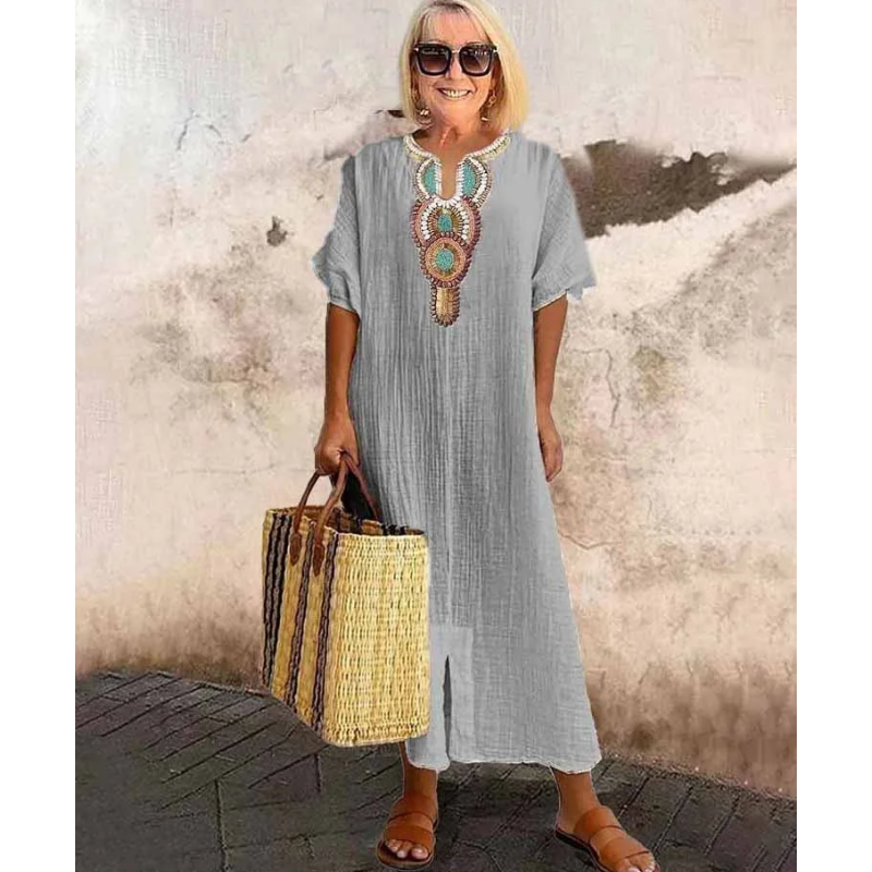 [S-4XL]🌿 Vestido largo bordado em algodão e linho