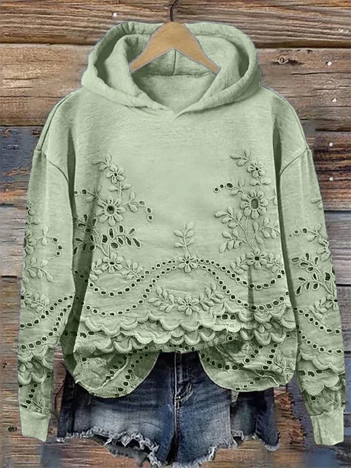 Sweatshirt casual para mulher com capuz floral texturizado e bolsos
