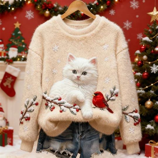 Camisola de flanela de Natal com estampa de gato e pássaro