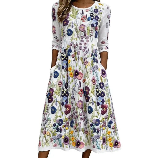✨🌺Vestido midi para mulher com estampado floral, mangas 3/4 e bolsos