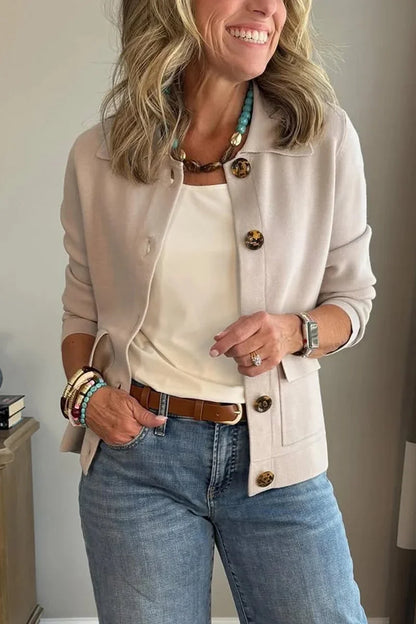 Novidades 🔥 Casaco casual de cor única com bolsos e lapelas