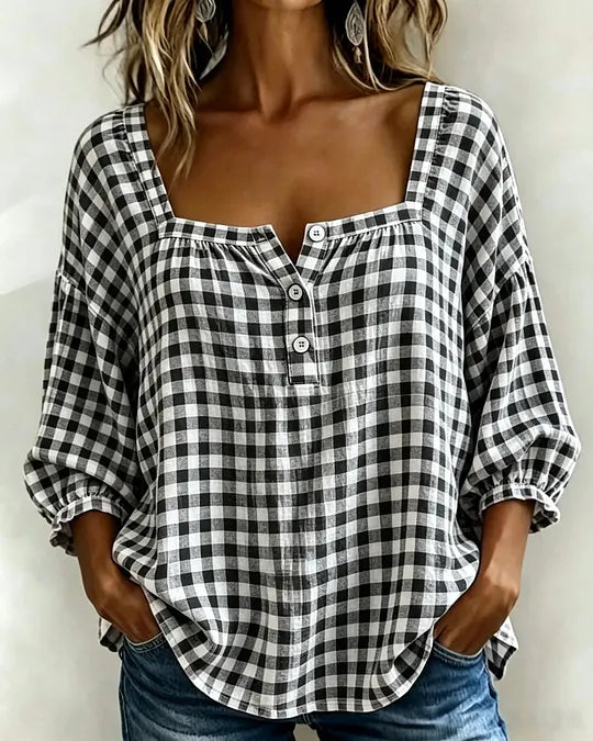 🌸Blusa de Mulher de Manga Curta em Mistura de Algodão e Linho, Estampado Vichy e Decote Quadrado