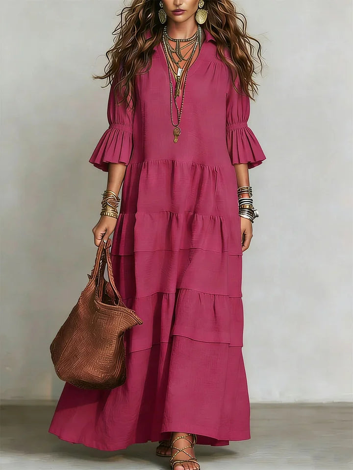 Vestido casual largo em linho e algodão com mangas curtas