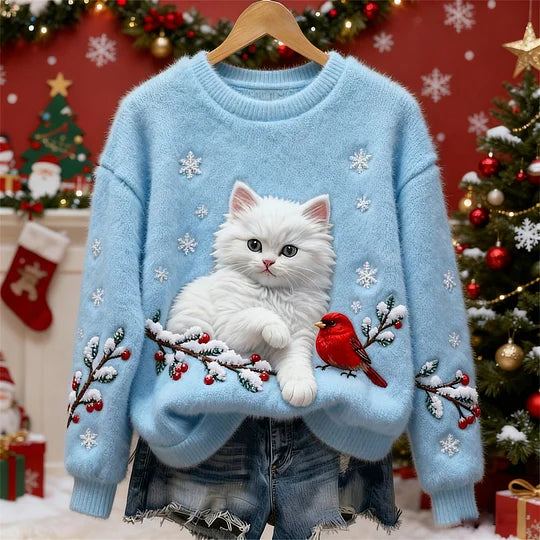 Camisola de flanela de Natal com estampa de gato e pássaro