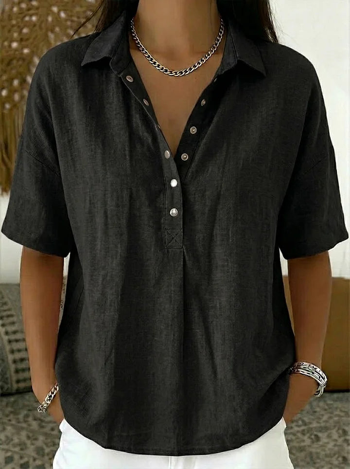 Camisa casual de manga curta em mistura de linho e algodão.