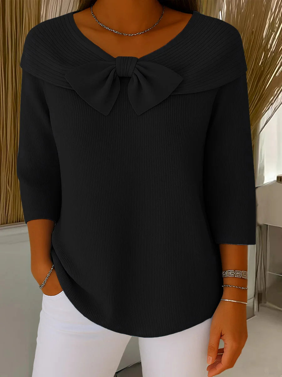 Camisola de malha de cor sólida para mulher com gola redonda, mangas 3/4 e gravata borboleta, adequada para uso diário
