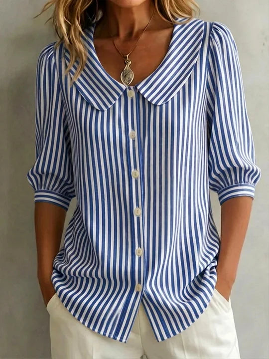 🔥 Camisa de senhora retro às riscas em algodão e linho com gola Peter Pan