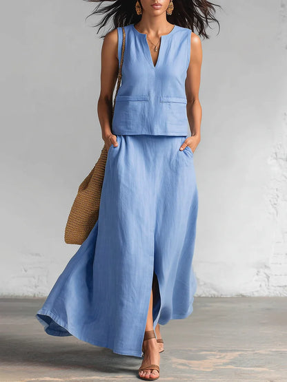Conjunto minimalista e elegante de blusa e saia com decote em V