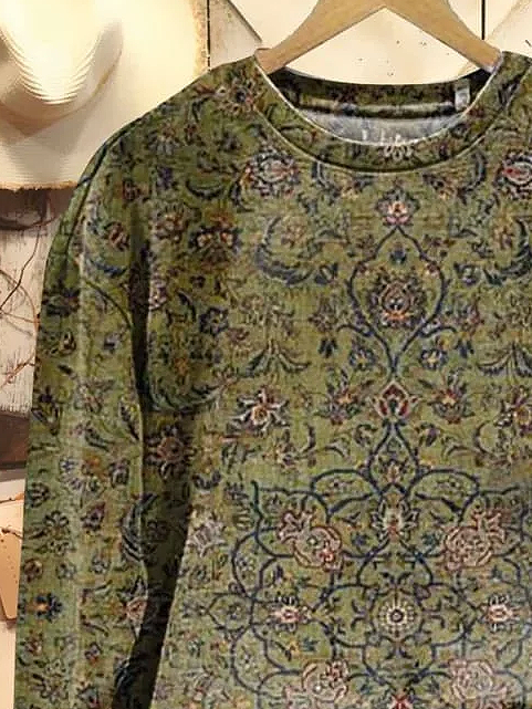 Sweatshirt casual de primavera e outono para mulher com estampado floral e gola redonda e manga comprida