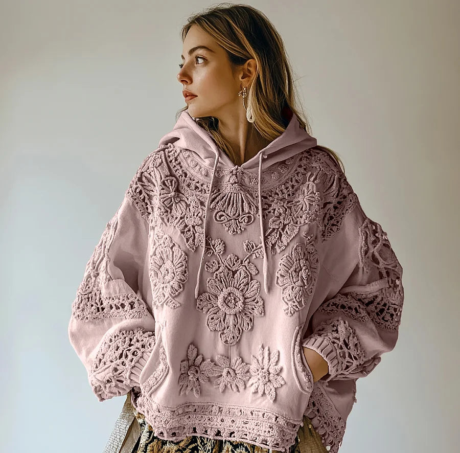 Sweatshirt casual para mulher com capuz e estampa floral bordada