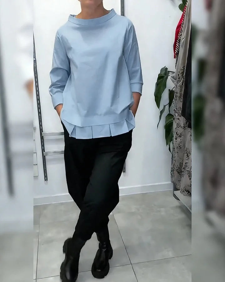 Blusa com gola larga, 100% algodão, cor lisa, estilo casual.