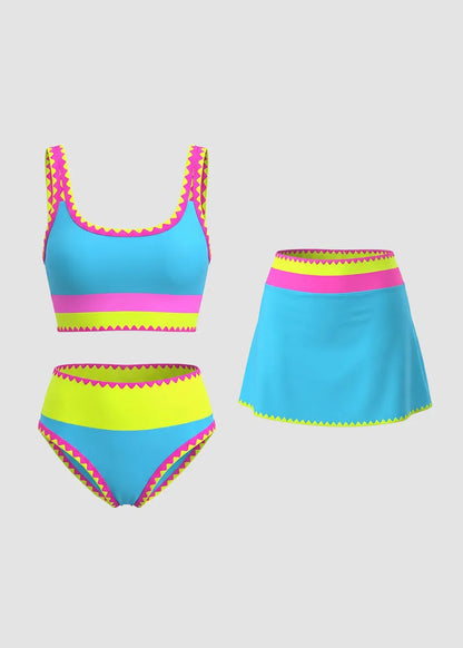 ✨Conjunto de biquíni de 3 peças colorido e desportivo, fabricado em nylon de alto contraste.
