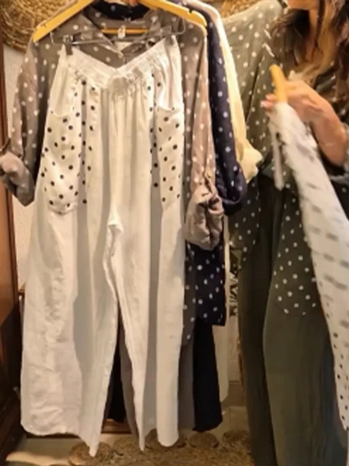 Conjunto casual de duas peças em linho e algodão com estampado de bolinhas