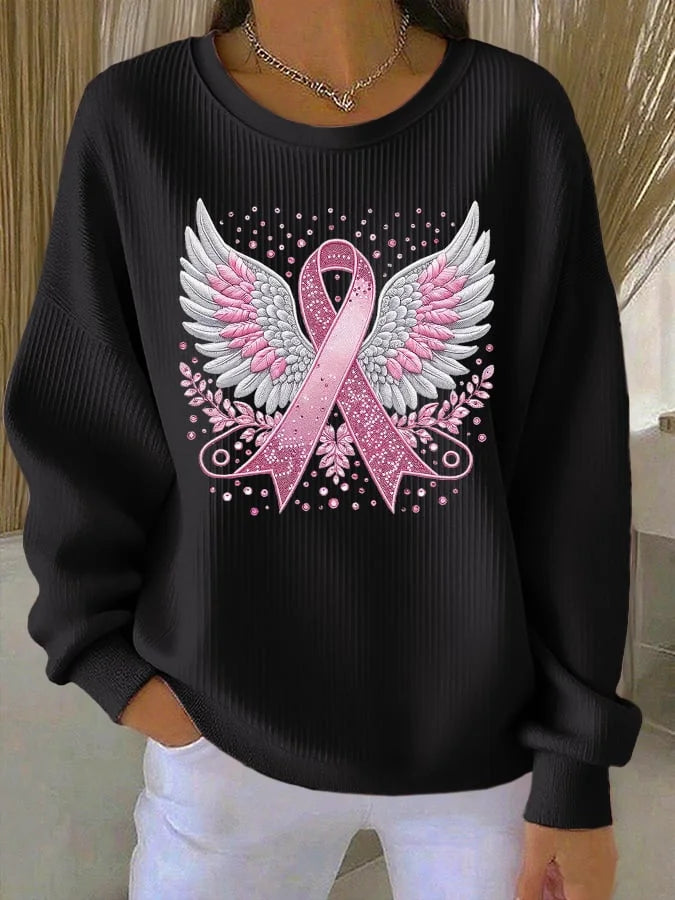 Sweatshirt casual para mulher com estampa de fita rosa e asas