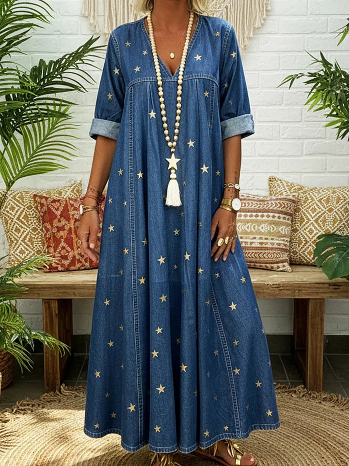 Vestido casual em denim 100% algodão com estampado de estrelas douradas