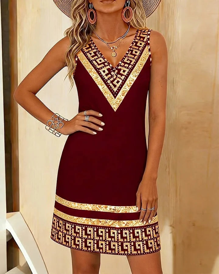 Vestido sem mangas com decote em V e estampado.