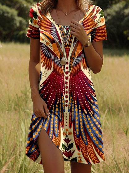 Vestido estampado com gola redonda e manga curta