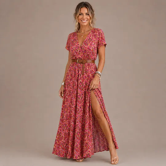 Vestido comprido de menina estilo boho com decote em V