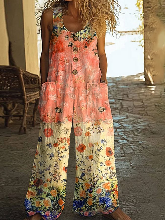 Macacão casual vintage para mulher com patchwork floral
