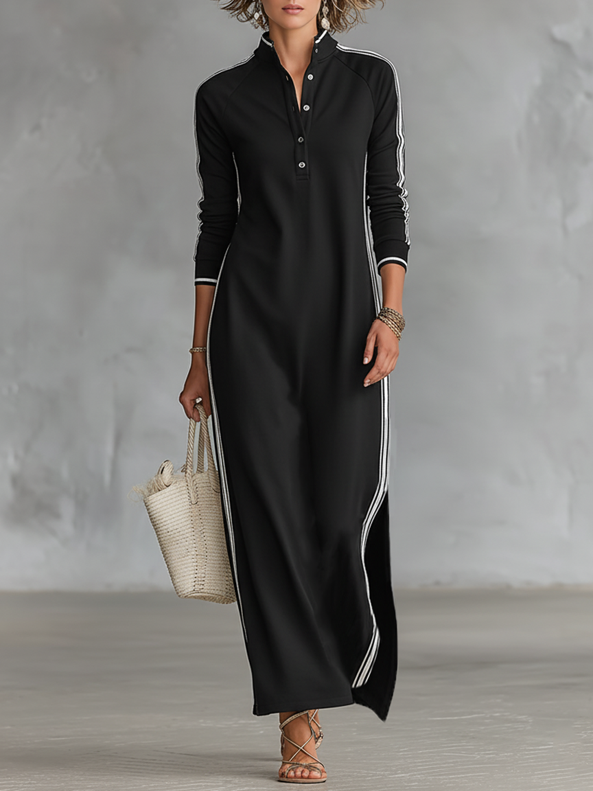 Vestido comprido estilo sweatshirt com gola abotoada