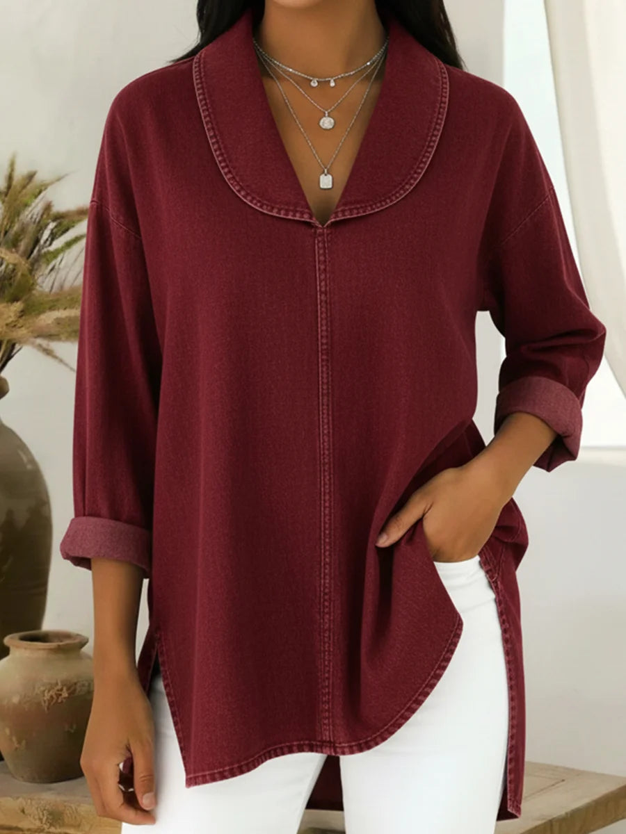 Blusa retro de algodão e jeans com gola xaile