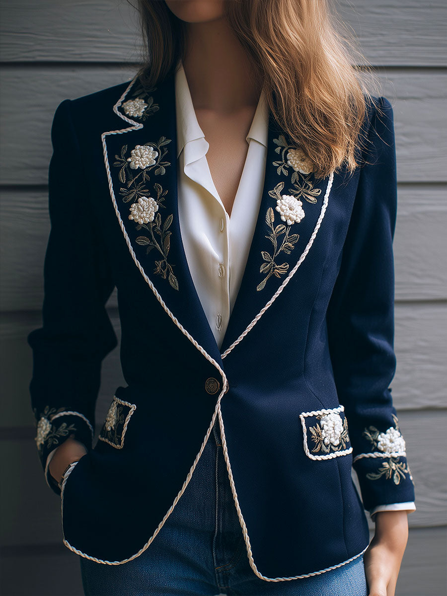 Casaco bordado em lã azul-escura com estampado floral