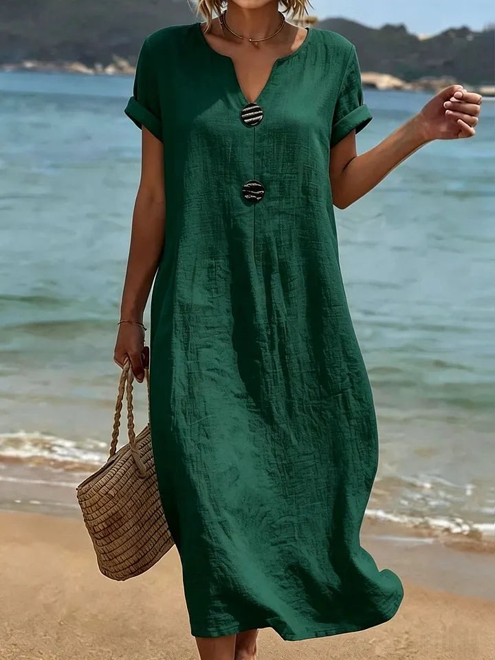 Vestido Casual de Mulher em Algodão e Linho em Cor Lisa