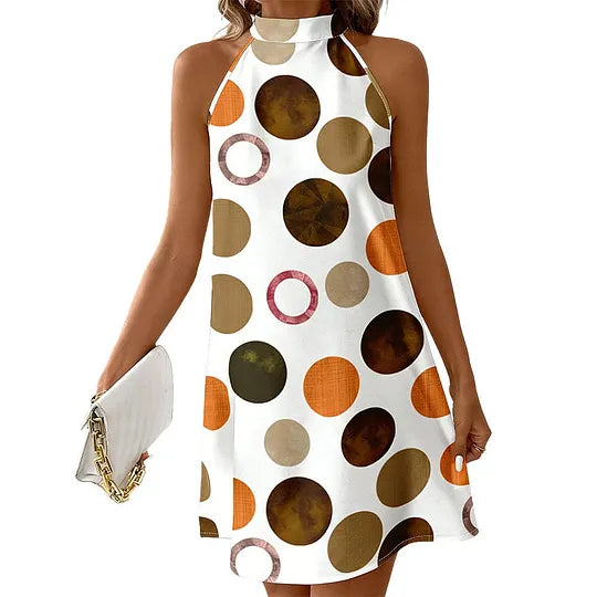 ✨ Vestido Evasê com Decote Halter que Realça a Silhueta – Estampado Poá, Sem Mangas, Perfeito para as Férias