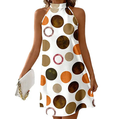 ✨ Vestido Evasê com Decote Halter que Realça a Silhueta – Estampado Poá, Sem Mangas, Perfeito para as Férias