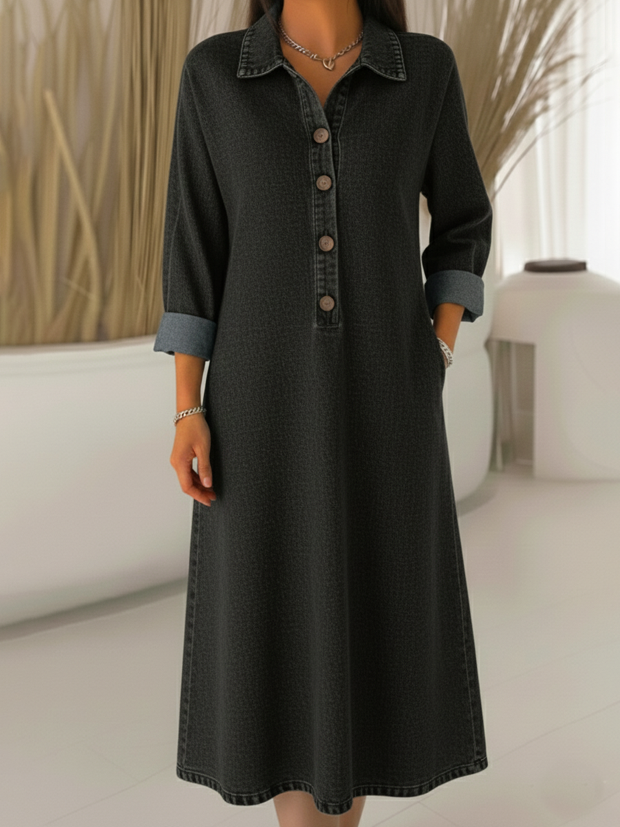 Vestido clássico de ganga com gola polo e botões