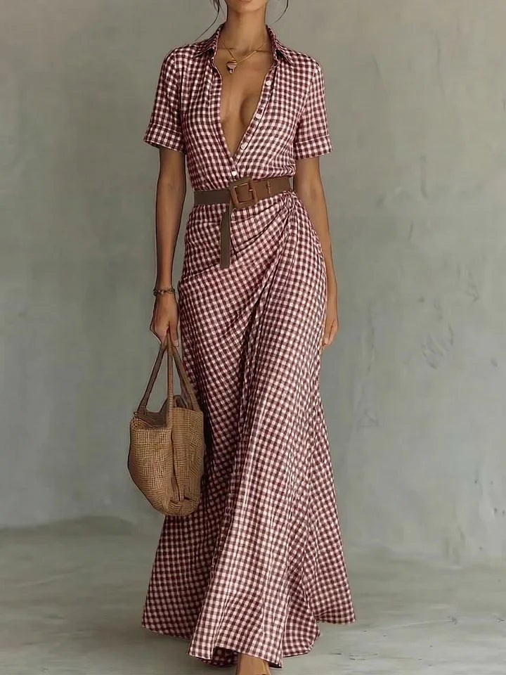 Vestido retro comprido com estampa xadrez e botões