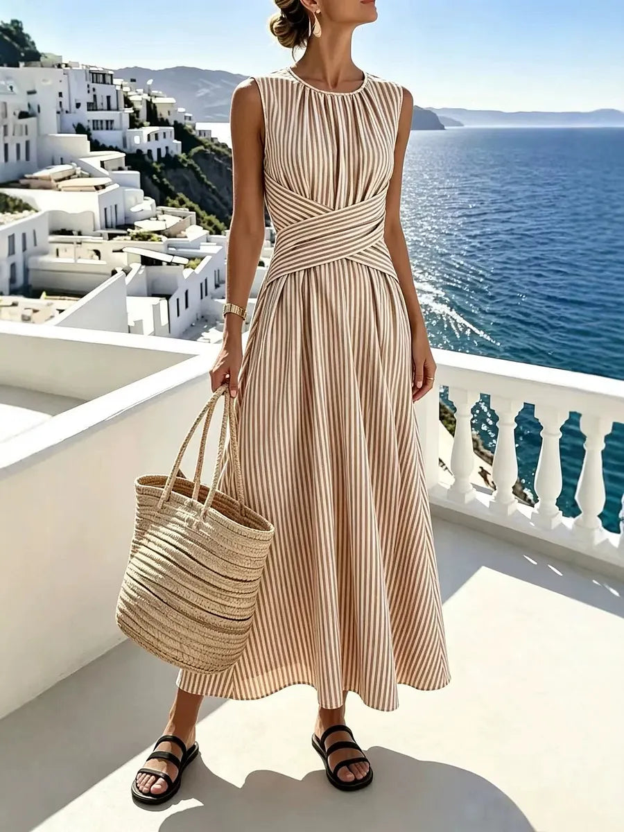 👗 Oferta por tempo limitado! Vestido comprido sem mangas às riscas para mulher — desenhado para valorizar a cintura.