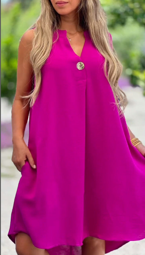 [S-2XL] 💖Vestido liso sem mangas com decote em V e botões decorativos