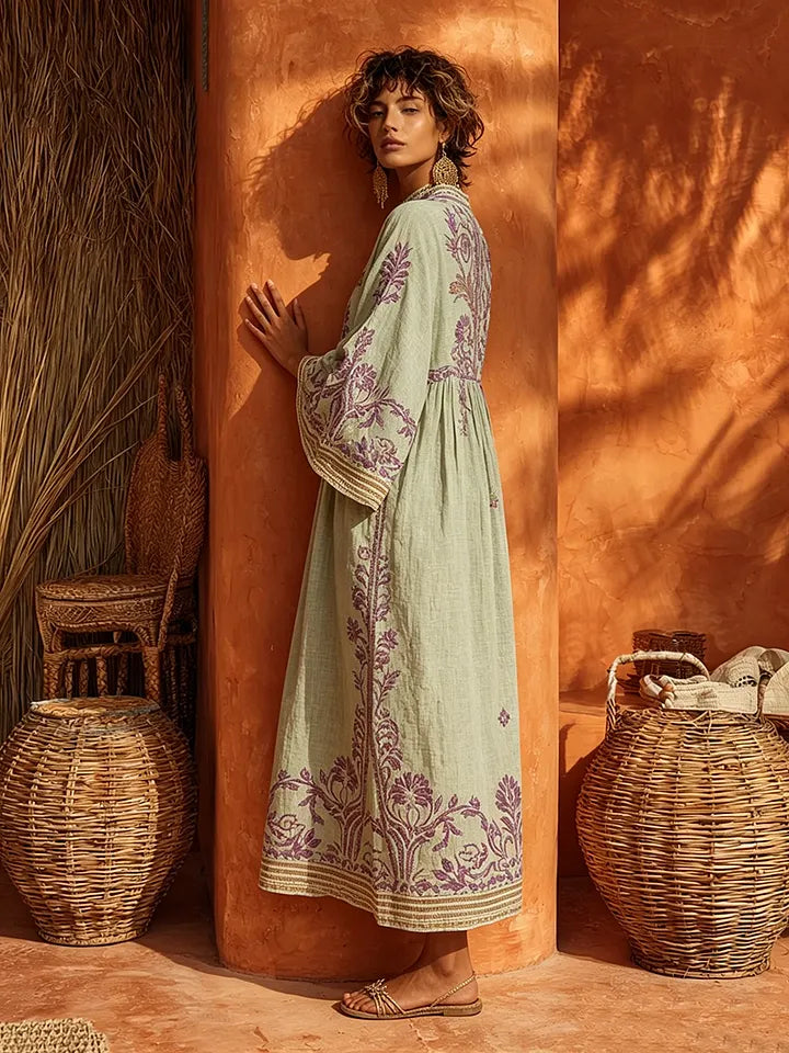Vestido comprido de algodão e linho com estampado floral boémia