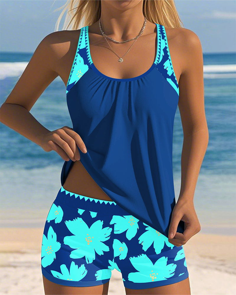 Tankini sem mangas estampado em forma de U